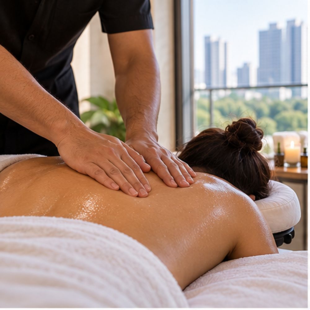 Male masseur giving a professional back massage to a woman draped in a towel in a Bangalore apartment