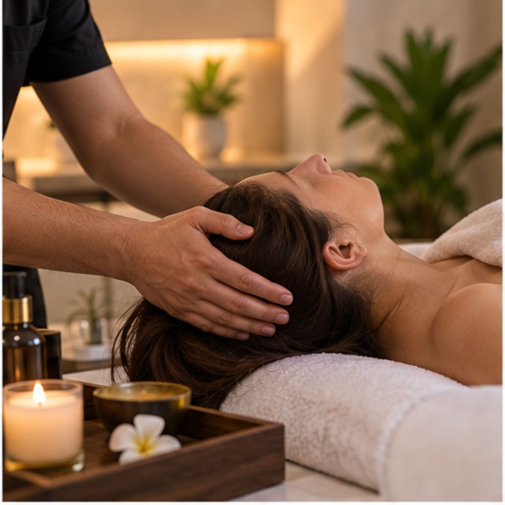 Therapist giving a relaxing head and neck massage to a woman lying on a massage table