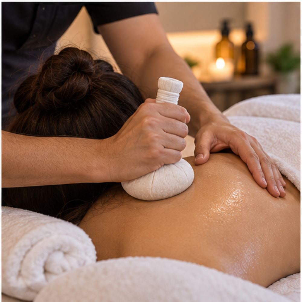 Thai herbal compress massage on the shoulder of a woman draped in a towel